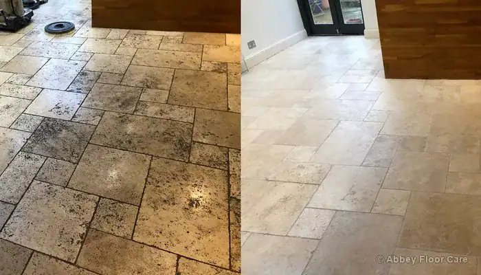 Before and after professional cleaning of black grout lines on a travertine floor