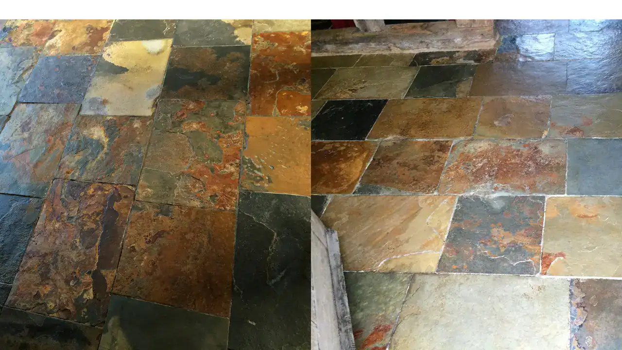Restored slate floor in New Malden shown before and after wax removal and sealing