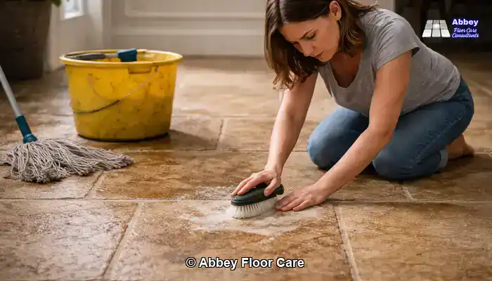 Sandstone floor with uneven appearance after repeated DIY cleaning.