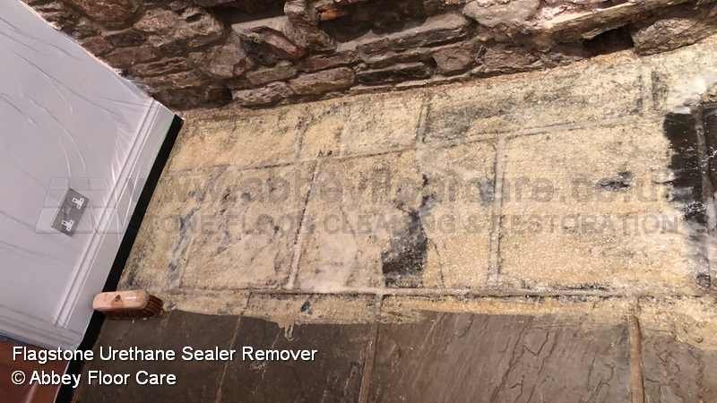 Flagstone floor in Durham with heavy coating of Urethane sealer