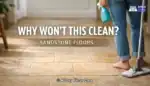 Image shows a person cleaning sandstone floors with a mop and spray bottle in a home setting.