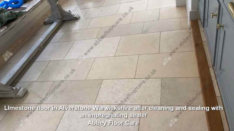 Limestone floor in Alverstone Warwickshire after cleaning and sealing with an impregnating sealer