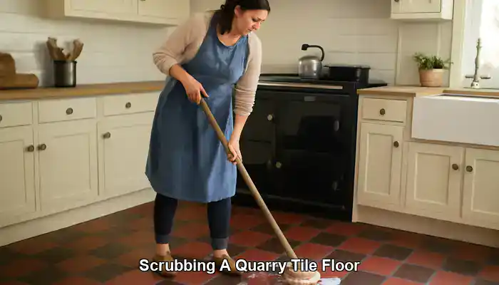 Scrubbing A Quarry Tile Floor With A Deck Scrubber
