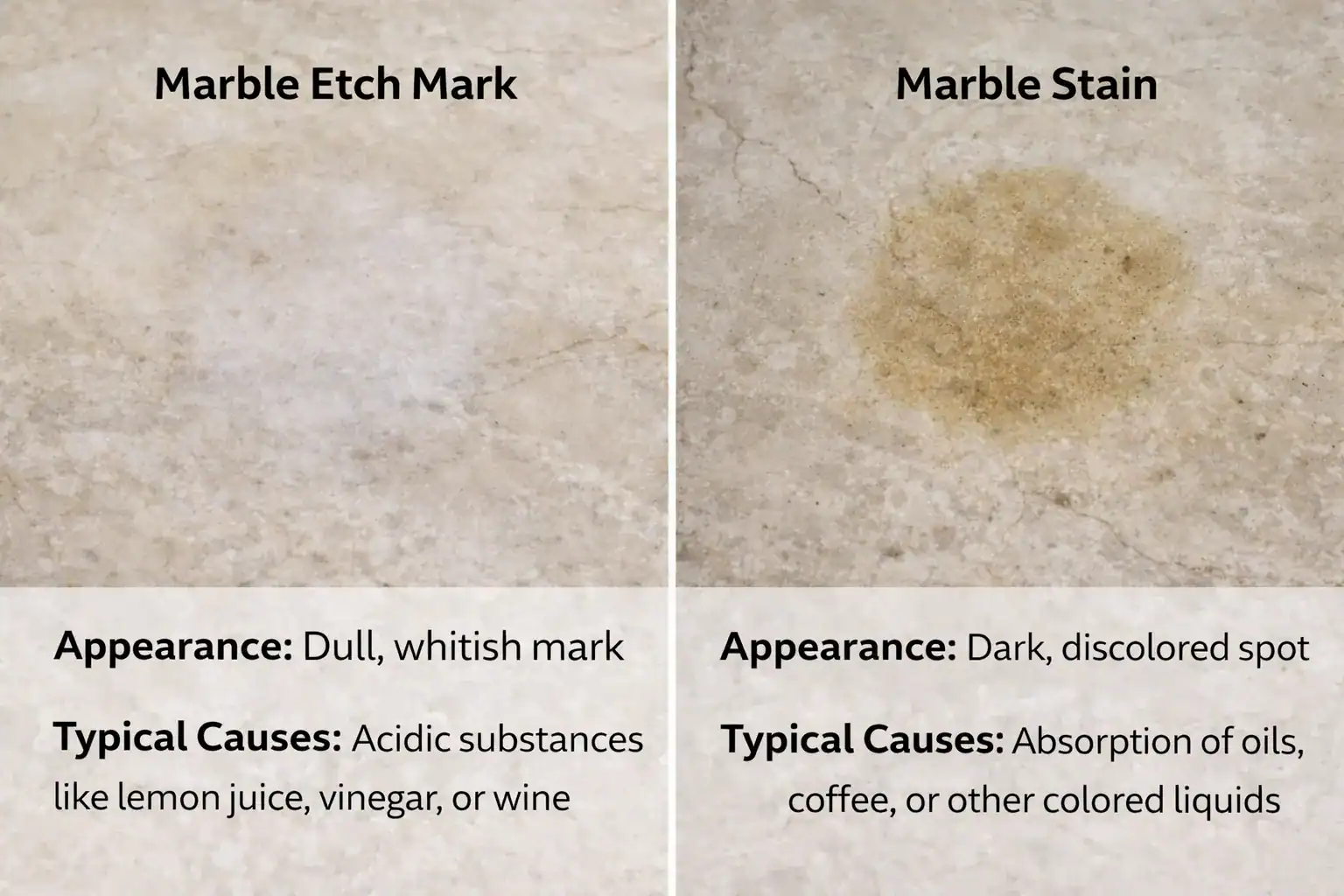 Side-by-side comparison of a marble etch mark and a marble stain, labelled by appearance and typical causes