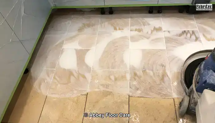 Travertine floor scrubbing part of our restoration process