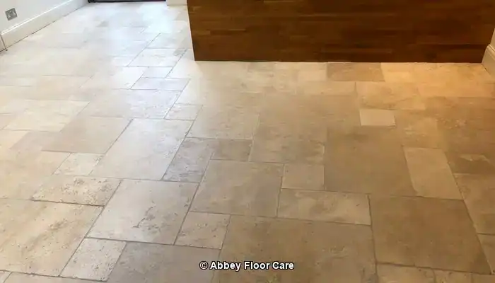 Travertine kitchen floor in Surrey after restoration by Abbey Floor Care