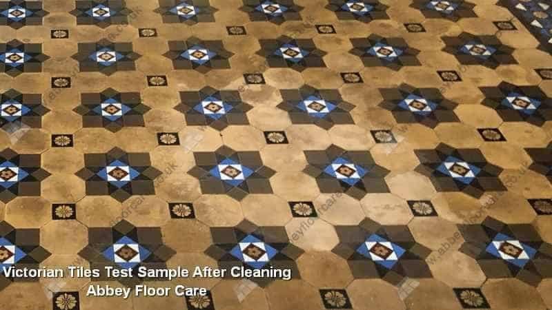 Victorian tile floor test patch in Farnham after cleaning, showing clearer colour and reduced staining