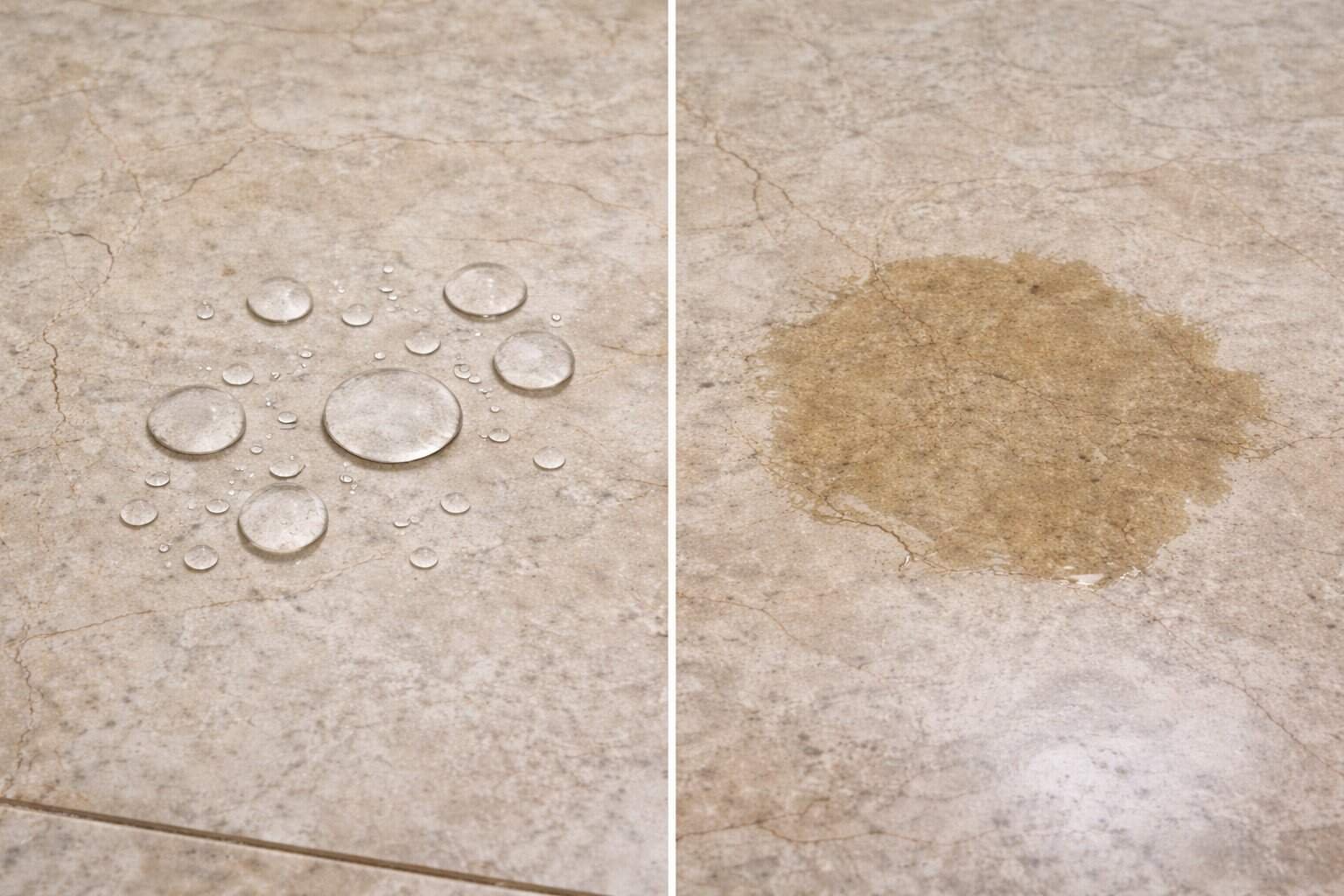 Water drop test on marble tile showing beading on one area and soaking on another area, demonstrating uneven sealing