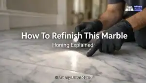 Marble tile floor being honed with a rotary machine, showing light slurry and improving surface clarity.