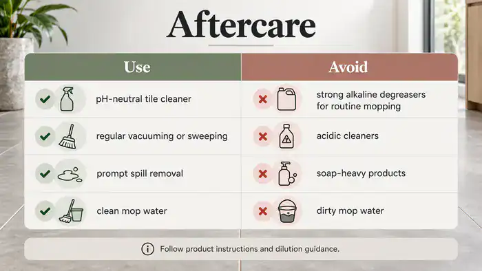 Ceramic tile aftercare routine with suitable and unsuitable cleaners
