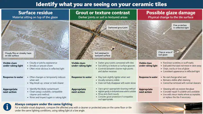 Comparison of residue, worn glaze and tile surface damage