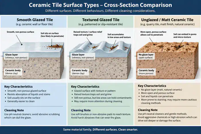 Cross-sections of glazed textured and unglazed ceramic tiles
