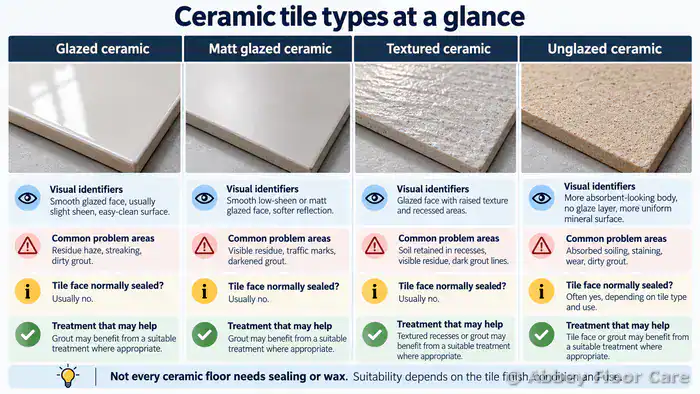 Ceramic tile floor showing different finish and protection options