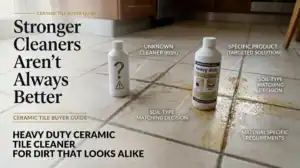Ceramic Tile floor showing homeowner needs to choose a sealer or cleaning product and does not know which is safe for this material