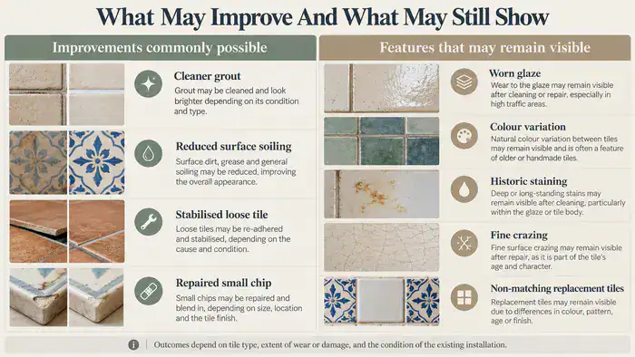 Expected ceramic tile repair improvements and remaining visible limitations