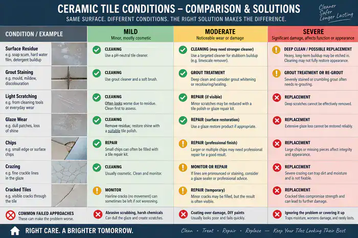 Ceramic tile damage severity and restoration suitability table