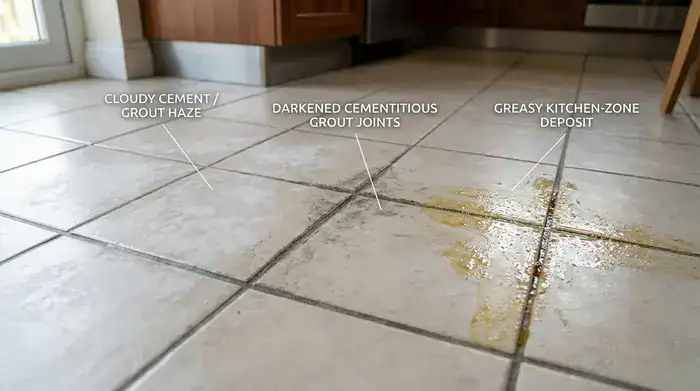 Ceramic tile showing cement haze, dirty grout and kitchen grease