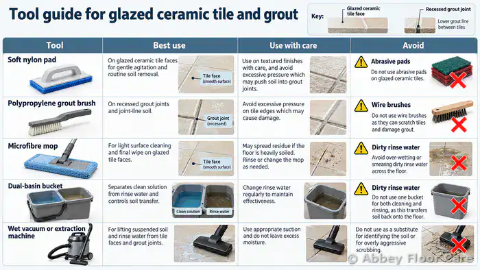 Ceramic tile cleaning tools matched to cleaning tasks