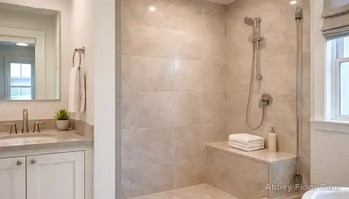 Marble shower walls in a domestic bathroom with a muted, low-sheen appearance