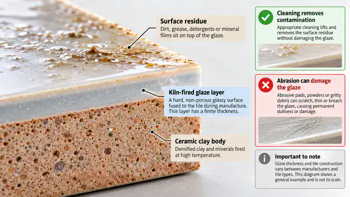 Cross-section showing ceramic body and finite factory glaze