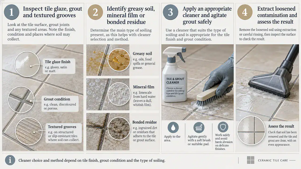 Grout-safe ceramic tile deep cleaning process steps