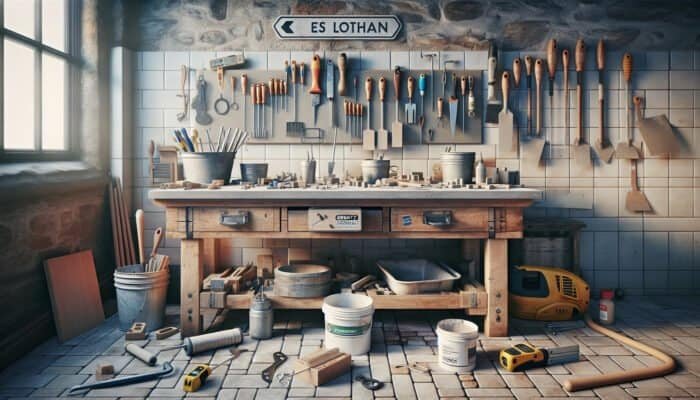 A workbench with grout float, utility knife, mixing bucket, and other stone flooring repair tools in a well-lit East Lothian workshop.