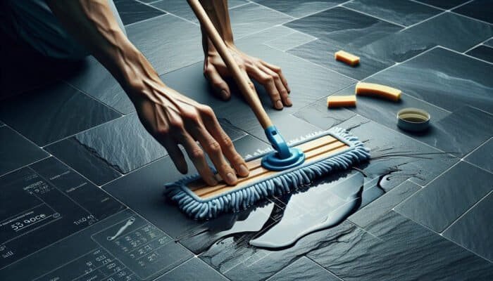 A person cleaning a slate floor with a mop and applying a protective sealer to prevent stains and scratches.