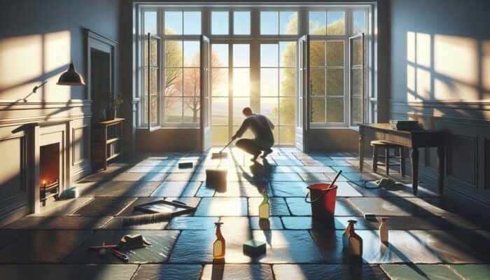 A person cleaning and resealing slate floors in a sunlit room with open windows during spring.