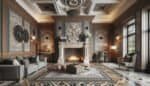 A living room with a fireplace and ornate walls.