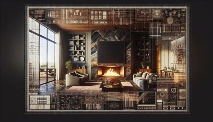 Tiling Fireplaces With Natural Stone. A luxurious living room fireplace with marble and slate tiles, enhancing the room's aesthetic appeal.