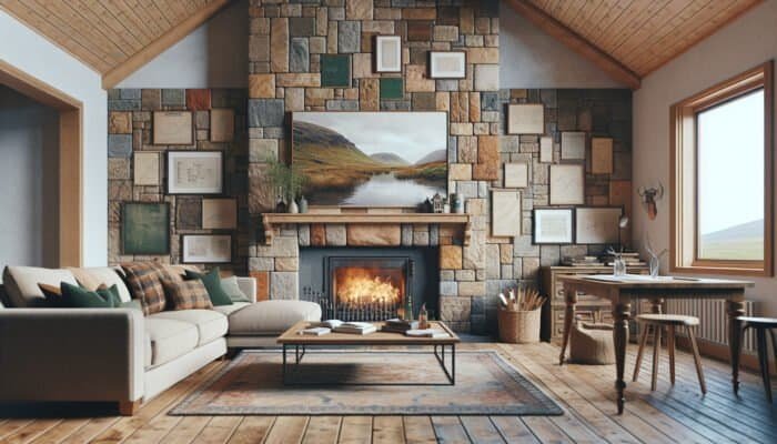 A rustic Clackmannanshire living room with a fireplace tiled in various natural stones, showcasing a mix of textures and colors.