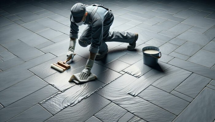 Person applying Slate Surface Wax to grey slate floor, buffing to low sheen.