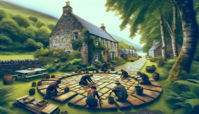 Outdoor stone patio in East Dunbartonshire being restored by workers with traditional tools, amidst lush greenery and historic architecture.