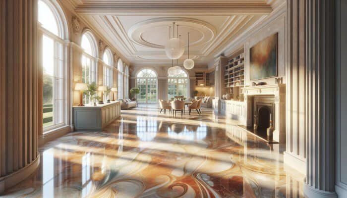 A restored limestone floor in a luxurious Thames Ditton home, displaying vibrant hues and textures.