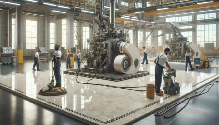 Limestone floor honing process with workers using machinery in a well-lit workshop.