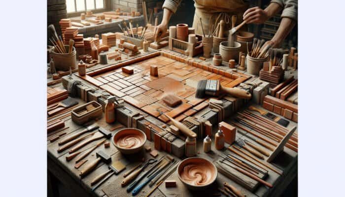 Preparation for terracotta tile restoration with tools, cleaning, and repair in a well-lit workshop.