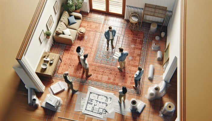 Home interior with cleared space around terracotta tiles, plastic sheeting on adjacent surfaces, and restoration team discussing with homeowner.