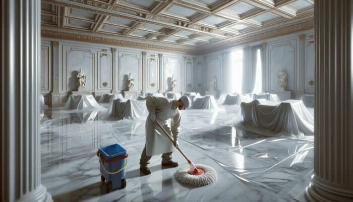 A worker preparing a cleared marble floor for honing, using a soft mop and pH-neutral cleaner, with furniture draped and walls protected.