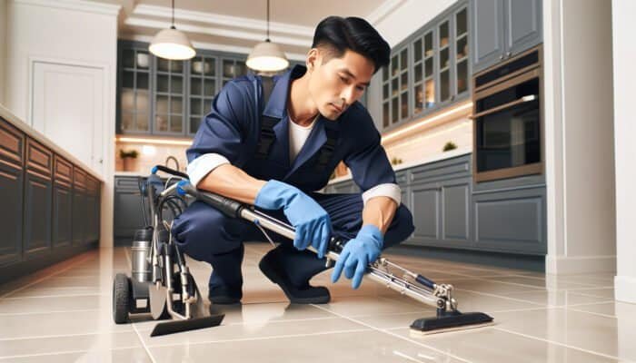 Professional tile grout cleaner using specialized tools on kitchen floor in modern home.