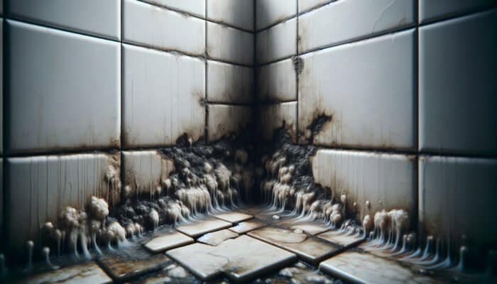 Cracked and discolored tile grout with stains and mold in a UK bathroom.