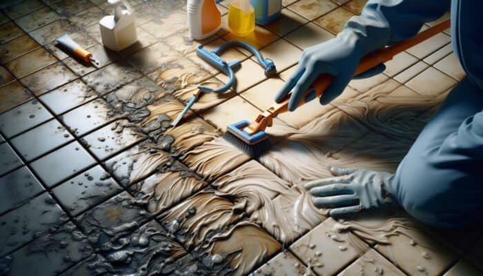 Close-up of discolored, worn tile grout being revitalized by a professional using specialized tools and solutions.