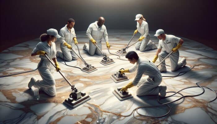 Professional crew restoring marble floor's shine and patterns with specialized tools.