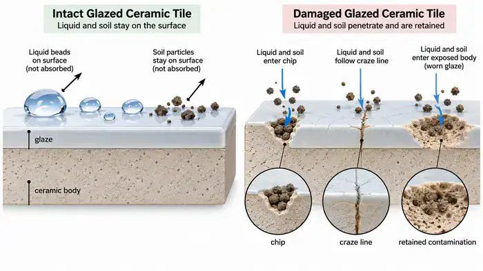 Intact ceramic glaze compared with chipped damaged glaze