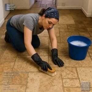lady scrubbing travertine floor in Dundee