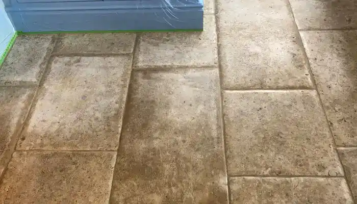 Close-up of limestone surface showing natural porosity and uneven absorption