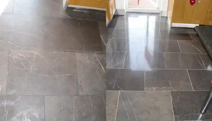 Comparison of worn limestone surface versus an even, honed limestone finish