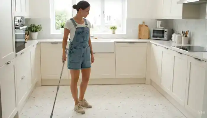 Routine pH-neutral cleaning of a polished terrazzo floor to maintain the finish