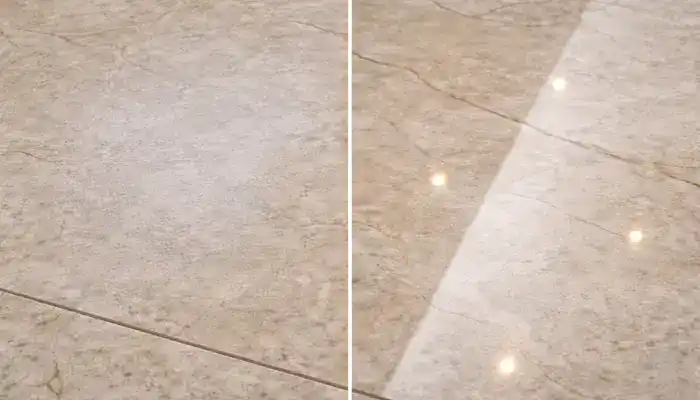 Close-up of marble showing a cloudy etched area next to a clearer polished area under the same light