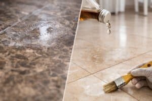Marble floor showing sealed surface with water beading in a domestic setting