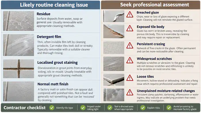 Ceramic tile issues requiring cleaning or professional assessment